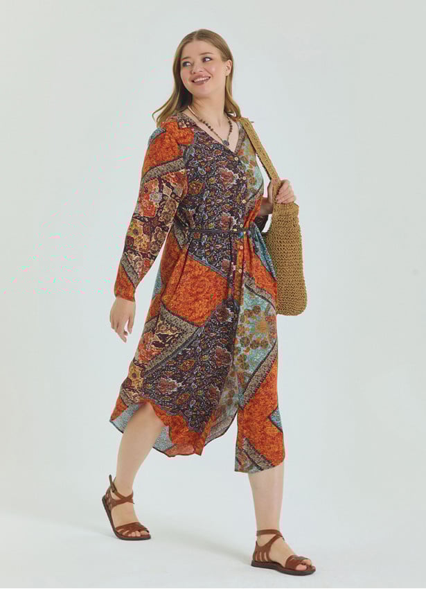 Shirt Collar Belt Detailed Coffee Patterned Casual Plus Size Dress 4614